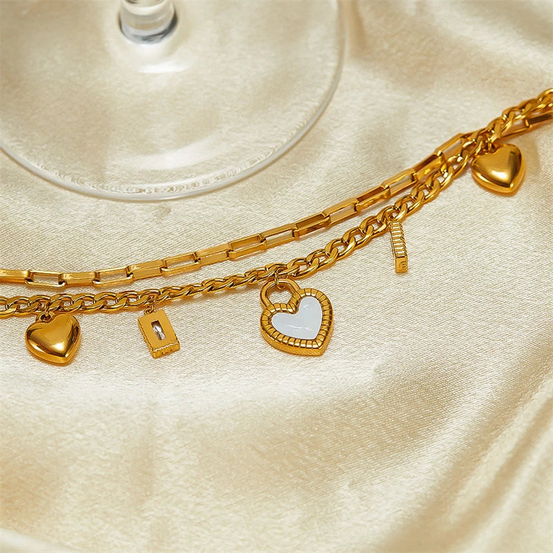 316L Stainless Steel New Fashion Fine Jewelry Black White Double-sided Seashell Zircon Heart Charm Chain Bracelets For Women