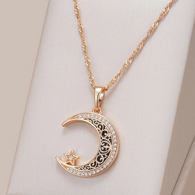 Kinel Trend Black Enamel Stars Moon Pendant Necklace for Women 585 Rose Gold Color With Natural Zircon Fine Daily Ethnic Jewelry