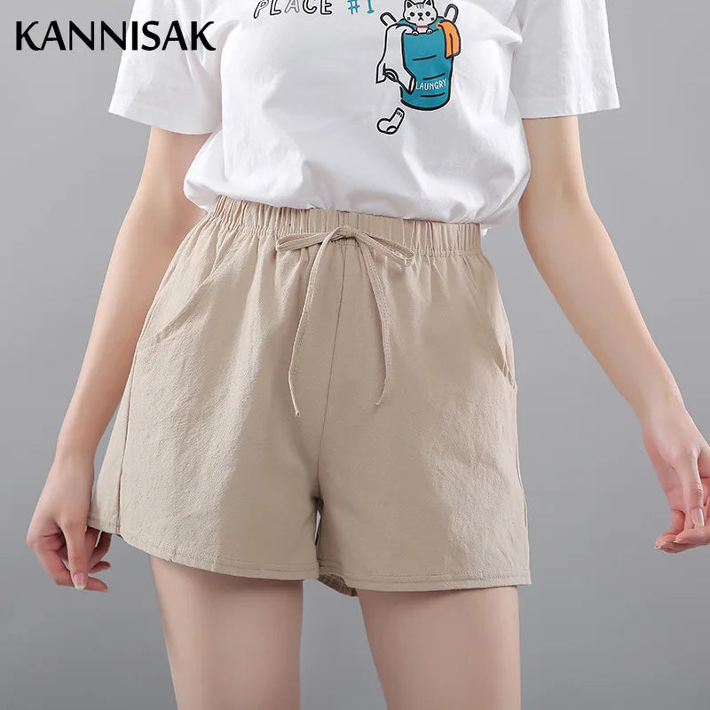 Women Shorts Summer 2025 Korean Wide Leg Casual Solid Drawstring Elastic Waist Shorts Girls Cotton Women&