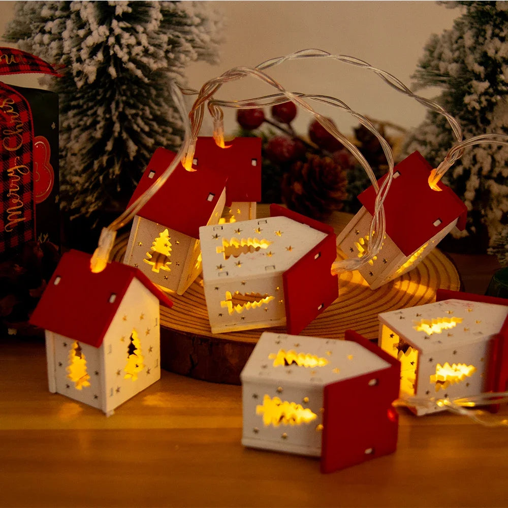 Christmas Wooden House LED String Light Xmas Tree Garland Home Fairy Lamp Merry Christmas Hanging Ornament 2025New Year Gift Noe
