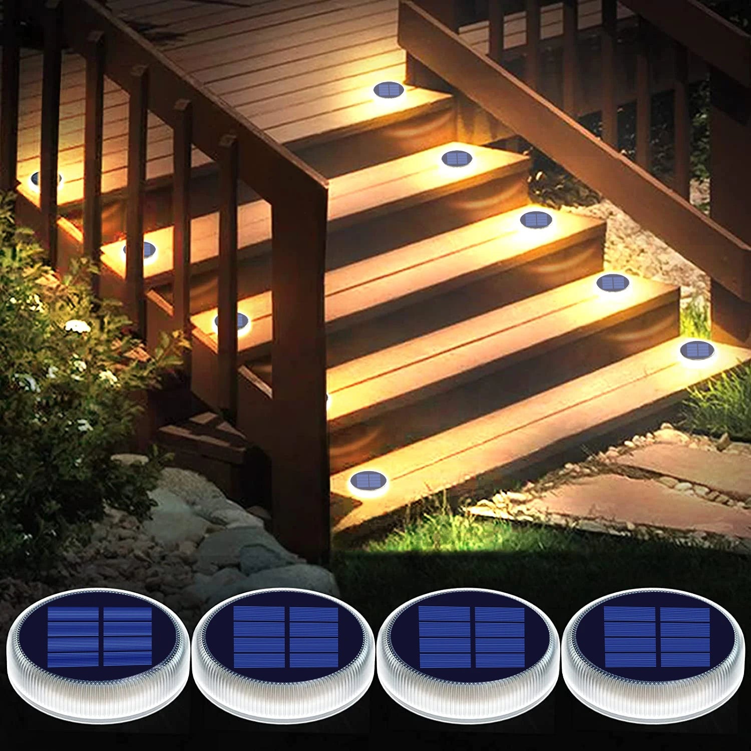 4 Pack Solar Ground Step Lights Waterproof IP68  Auto On/OFF Led Solar Light for Railing Stairs Yard Patio Pathway Driveway Lamp