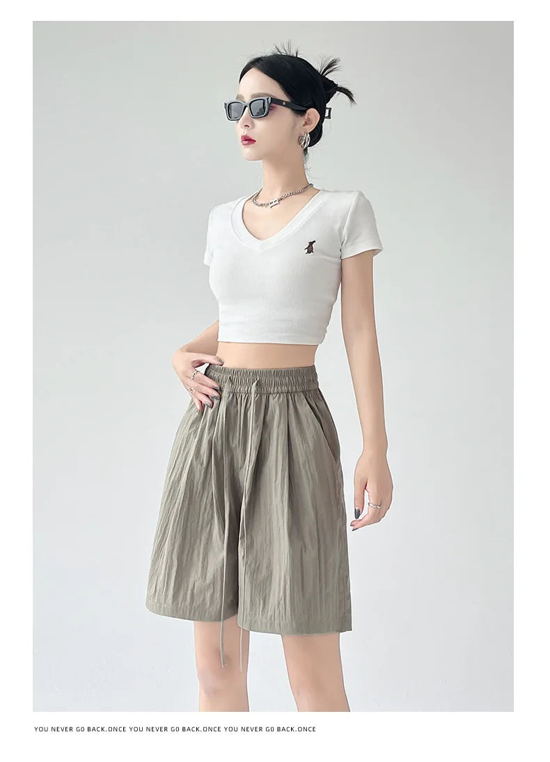 Summer Women Shorts Casual Solid Two Pockets Elastic Waist Shorts high Waist Loose Shorts For Girls Soft Female Beach Shorts