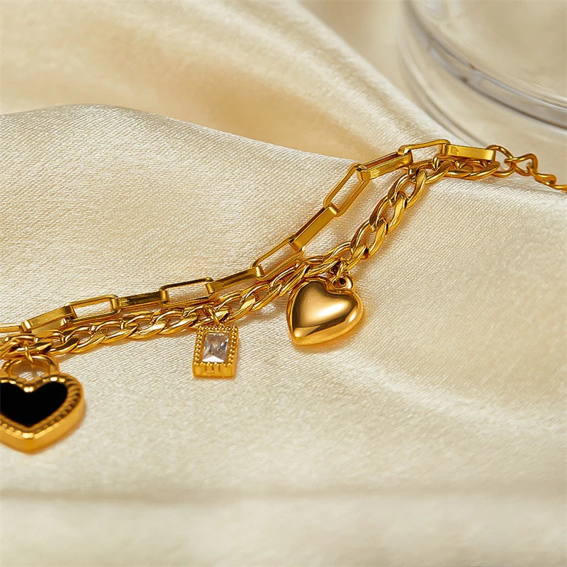 316L Stainless Steel New Fashion Fine Jewelry Black White Double-sided Seashell Zircon Heart Charm Chain Bracelets For Women