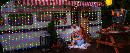 Outdoor Solar Curtain Light 3x3M 300Leds Holiday Decorations Garland 8 Modes Halloween Christmas Party Decor String Lights