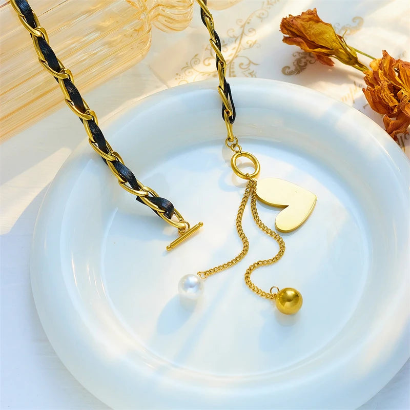 DIEYURO 316L Stainless Steel Black Heart Pearl Ball Pendant Necklace For Women Fashion Girls OT Clasp Leather Chain Jewelry Gift