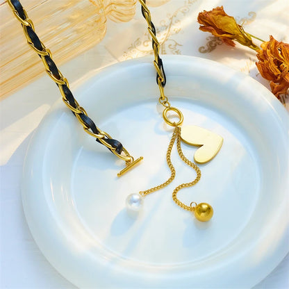 DIEYURO 316L Stainless Steel Black Heart Pearl Ball Pendant Necklace For Women Fashion Girls OT Clasp Leather Chain Jewelry Gift