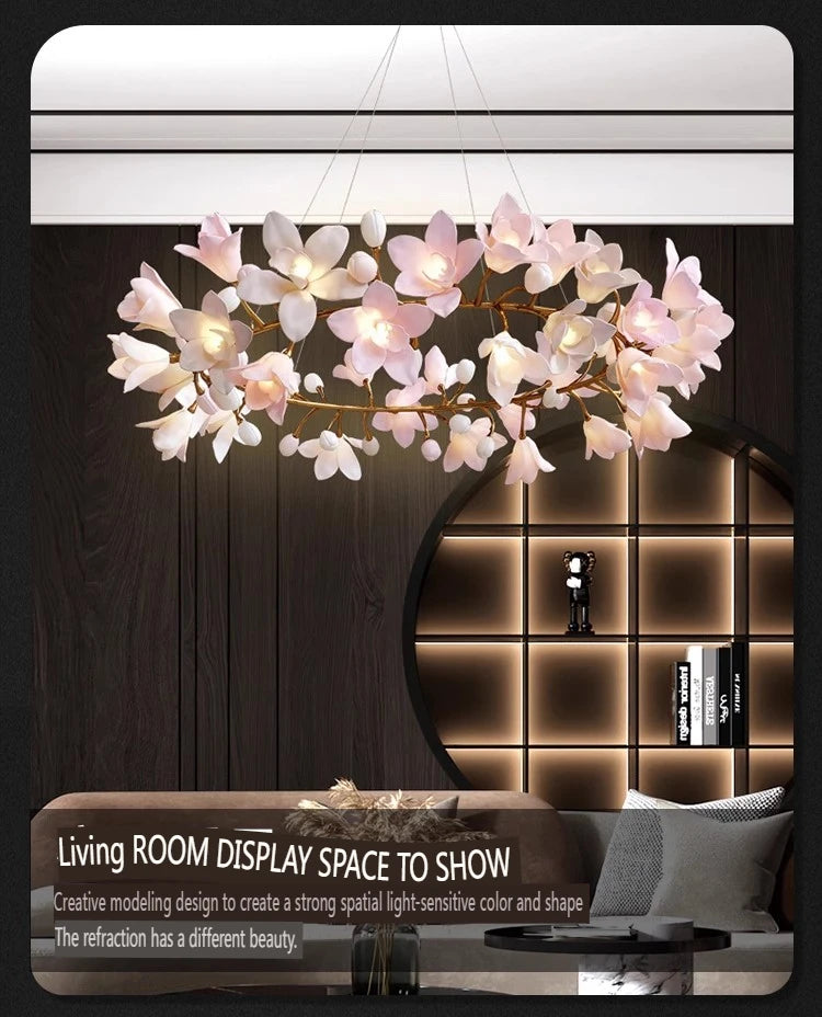 French Pink Flower Pendant Chandelier For Living Room Kitchen Island Copper Iron Branches Round Flower Pendant Light Fixture