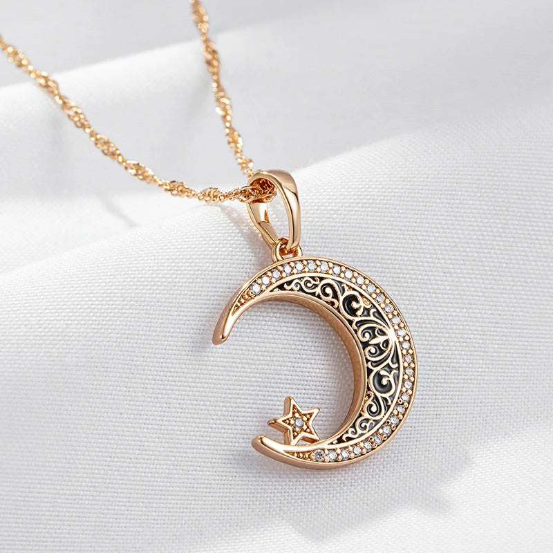 Kinel Trend Black Enamel Stars Moon Pendant Necklace for Women 585 Rose Gold Color With Natural Zircon Fine Daily Ethnic Jewelry