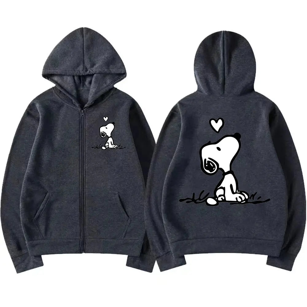 Snoopy Women Zip Up Hoodie Cartoon Anime Spring Autumn Men Oversized Sweatshirt 2024 New Fashion Khaki Couple Jackets Coats