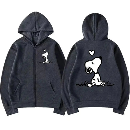 Snoopy Women Zip Up Hoodie Cartoon Anime Spring Autumn Men Oversized Sweatshirt 2024 New Fashion Khaki Couple Jackets Coats