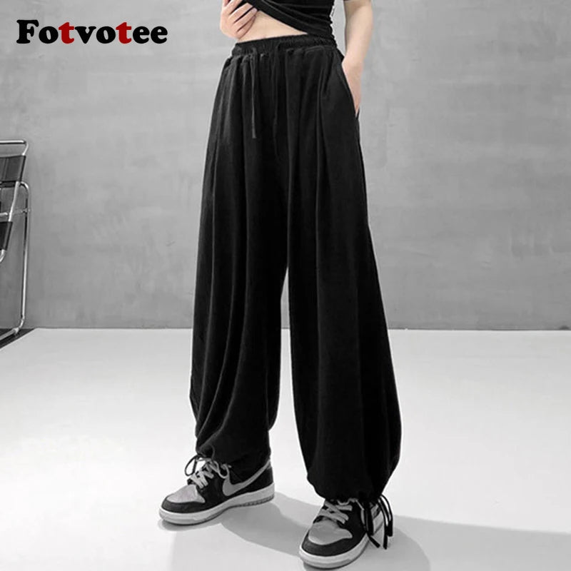 FOTVOTEE Casual Drawstring Sweatpants Women Fashion Loose High-waisted Slimming Harem Pants 2025 New All Match Simple Joggers