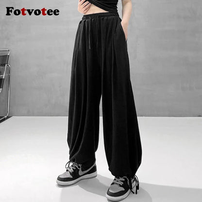 FOTVOTEE Casual Drawstring Sweatpants Women Fashion Loose High-waisted Slimming Harem Pants 2025 New All Match Simple Joggers