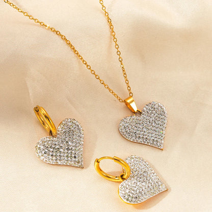 ANENJERY 316L Stainless Steel Green White Zircon Love Heart Necklace Earrings For Women Sparkling Jewelry Gifts Wholesale