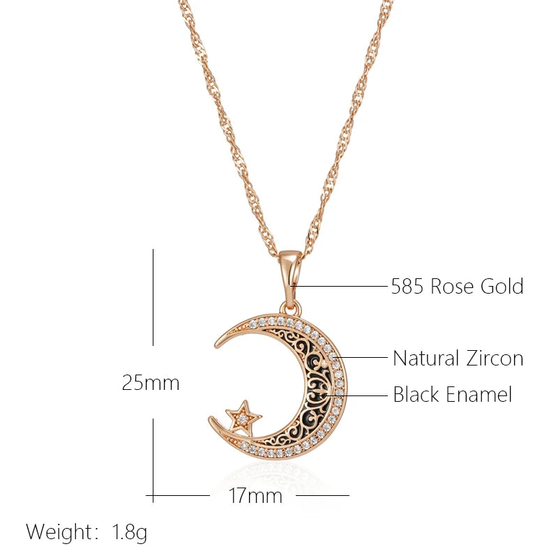 Kinel Trend Black Enamel Stars Moon Pendant Necklace for Women 585 Rose Gold Color With Natural Zircon Fine Daily Ethnic Jewelry