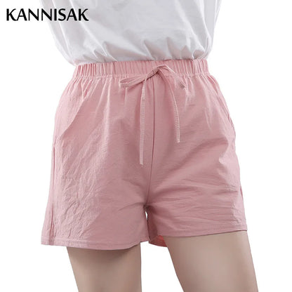Women Shorts Summer 2025 Korean Wide Leg Casual Solid Drawstring Elastic Waist Shorts Girls Cotton Women&