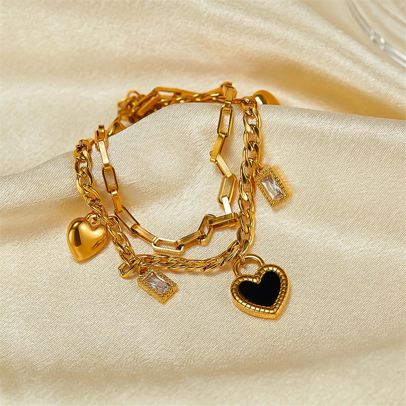 316L Stainless Steel New Fashion Fine Jewelry Black White Double-sided Seashell Zircon Heart Charm Chain Bracelets For Women