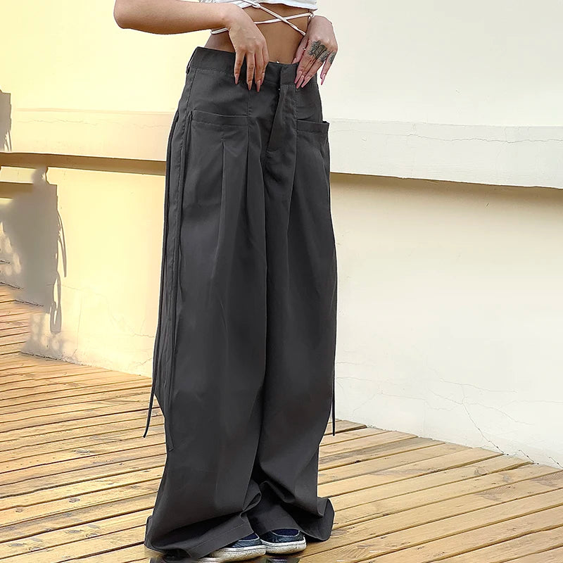 Shirring Casual Wide Leg Pants Women High Waist Street Basic Loose Sweat Trousers Korean Retro Gray Office Y2K Lady Pants