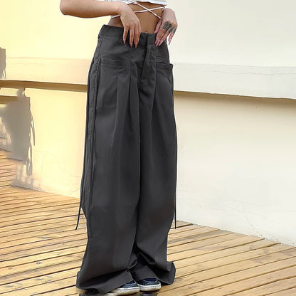 Shirring Casual Wide Leg Pants Women High Waist Street Basic Loose Sweat Trousers Korean Retro Gray Office Y2K Lady Pants