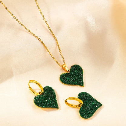 ANENJERY 316L Stainless Steel Green White Zircon Love Heart Necklace Earrings For Women Sparkling Jewelry Gifts Wholesale
